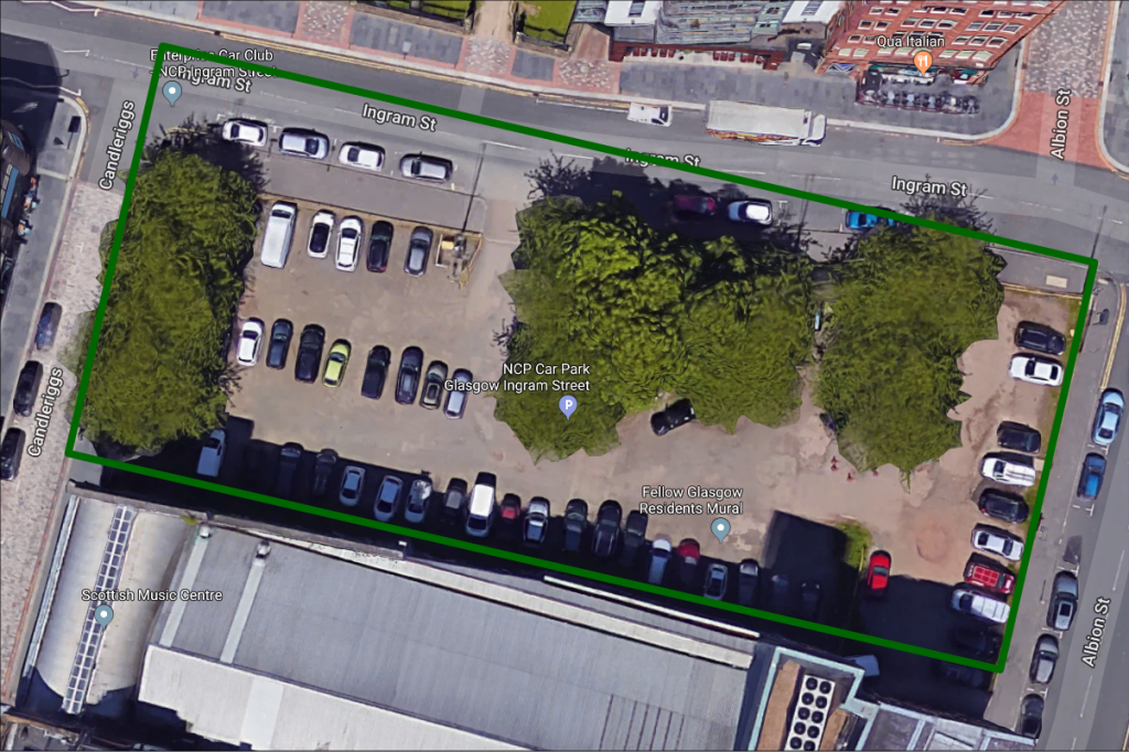 Overhead view showing the proposed site of Merchant City Community Park